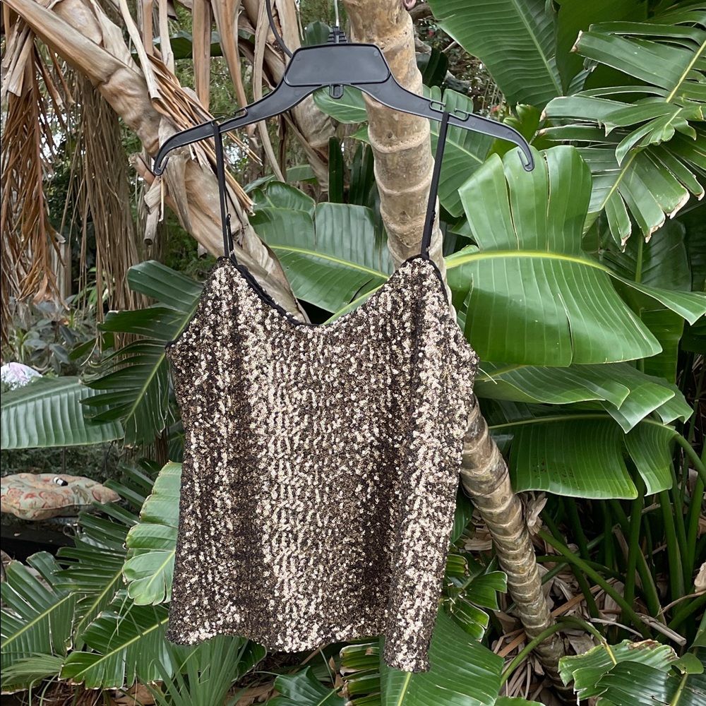 Carmen Mark Valvo gold sequin spaghetti strap camisole
